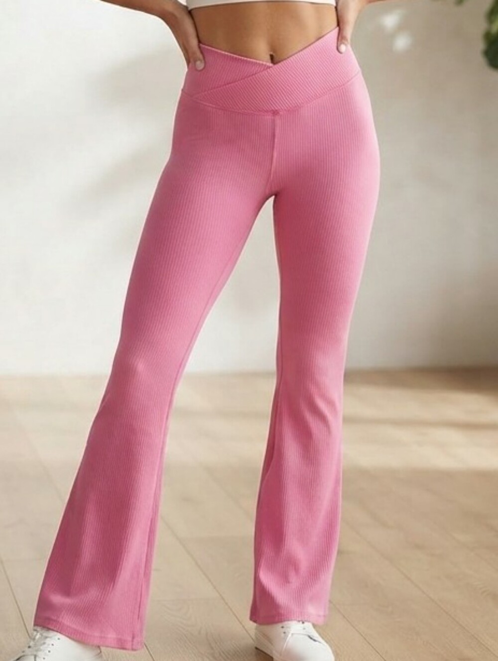 Ribbed Bell Bottom Yoga Waistband Relaxed Pants